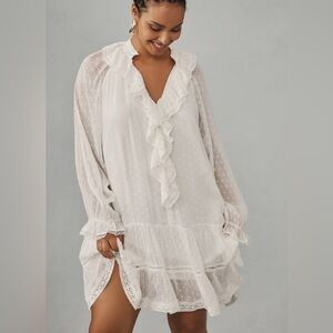 Anthropologie‎ Long Sleeve V-Neck Ruffled Tunic Dress White Boho Size XXS